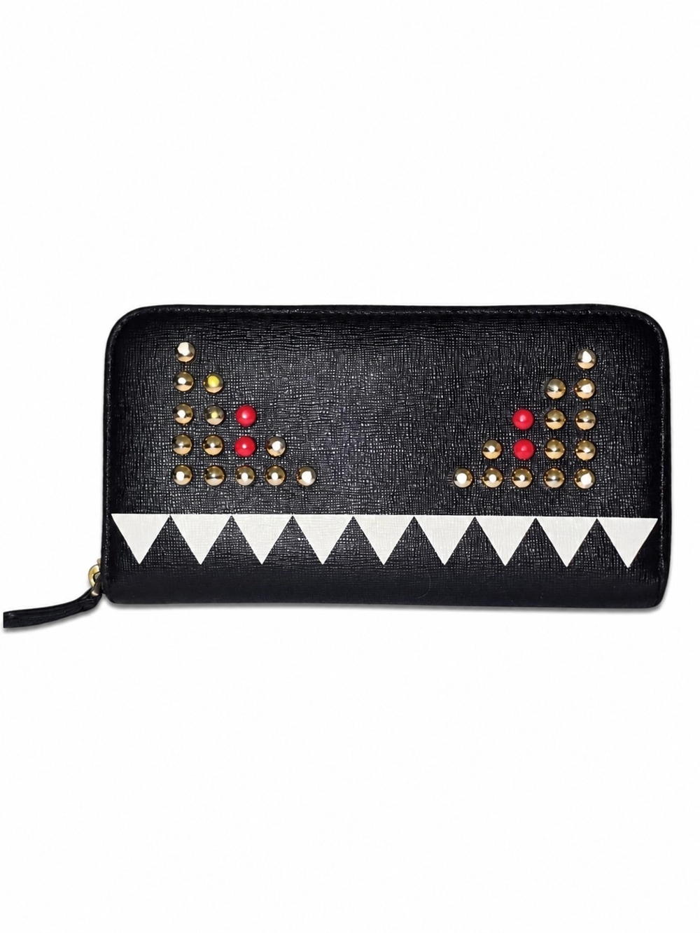 Authentic Fendi Monster Eyes Zip Around Wallet Black Leather Bag Bugs 8M0299